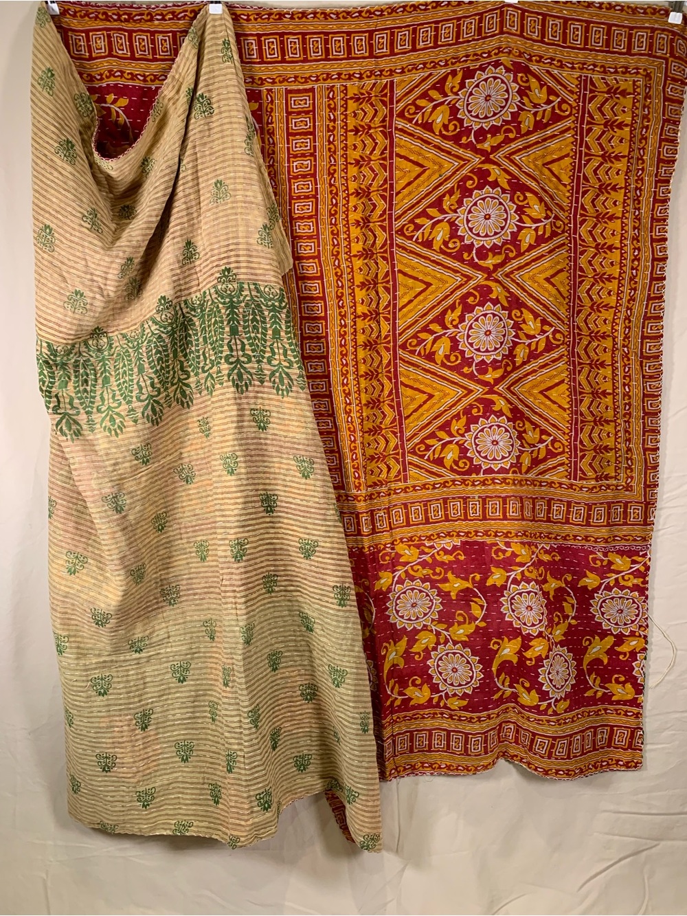 Handmade Kantha Quilt Twin Size Recycled Sari Cotton Tan Green Red Mustard